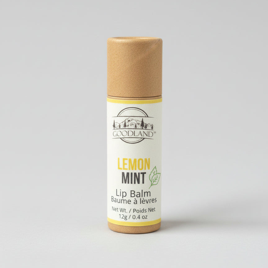 Goodland Lemon Mint Lip Balm tube on neutral studio background