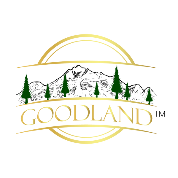 logo Goodland and trees against mountain landscape
