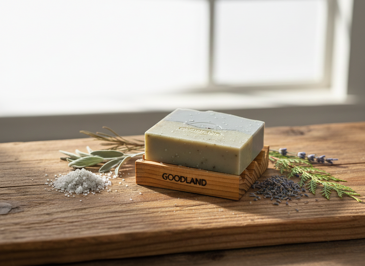 Goodland Soap Bar on a Soap Dish