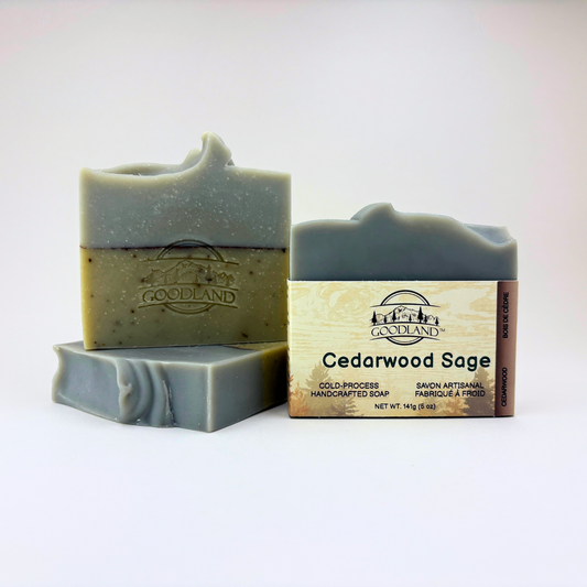 Goodland Cedarwood Sage soap with packaging on a white background