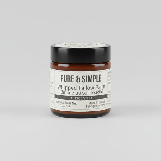 Jar of 'Pure & Simple' whipped tallow balm with neutral studio background
