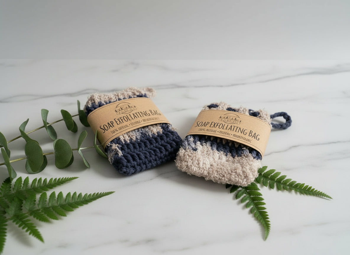 Two soap exfoliating bags on bathroom counter with greenery accents