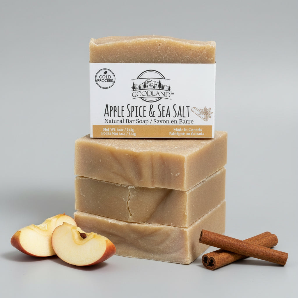 Goodland bars of soap stacked with apples and cinnamon on neutral background