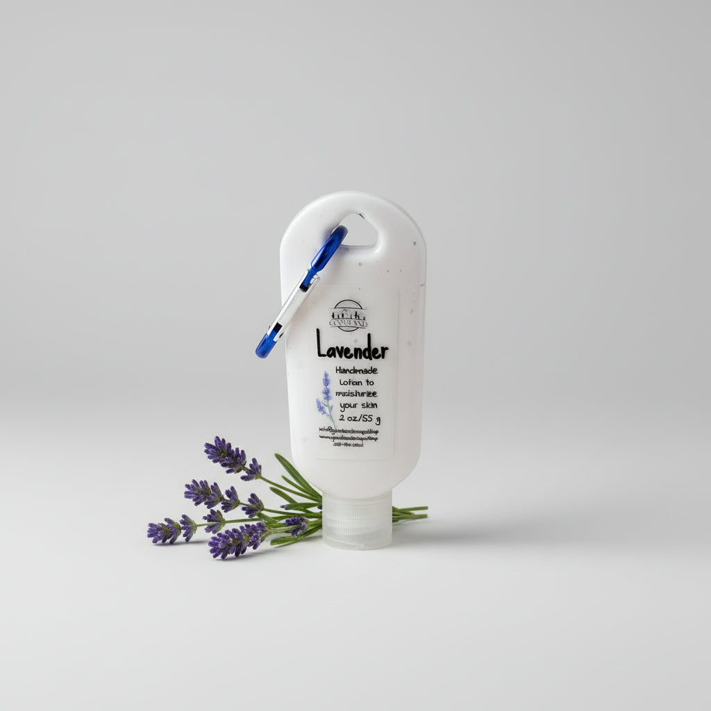 Natural lotion made with lavender essential oil in travel size bottle. Goodland.