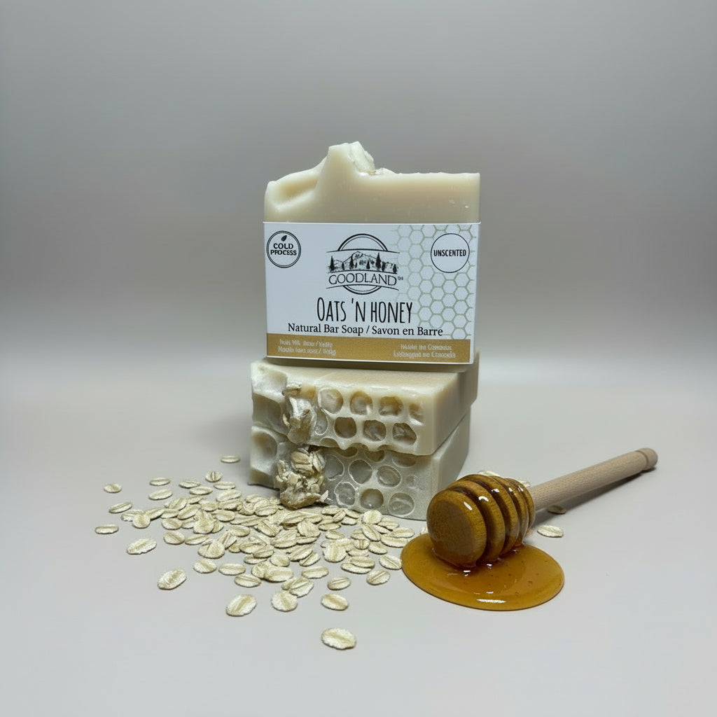 Goodland soap bar stack with oats and honey stick