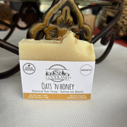 Goodland Oats N Honey natural soap bar with decorative background