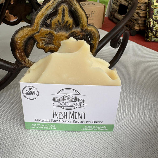 Goodland Fresh Mint natural bar soap with decorative background