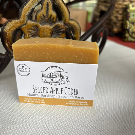 Goodland Spiced Apple Cider soap bar with decorative background
